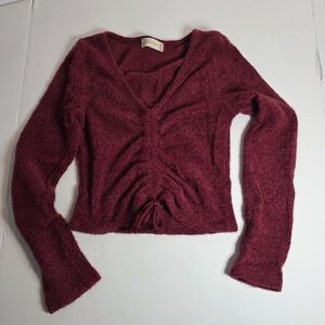 Altar’d State Crop Sweater Chenille Eyelash Ruched Cinch – Women’s S Burgundy